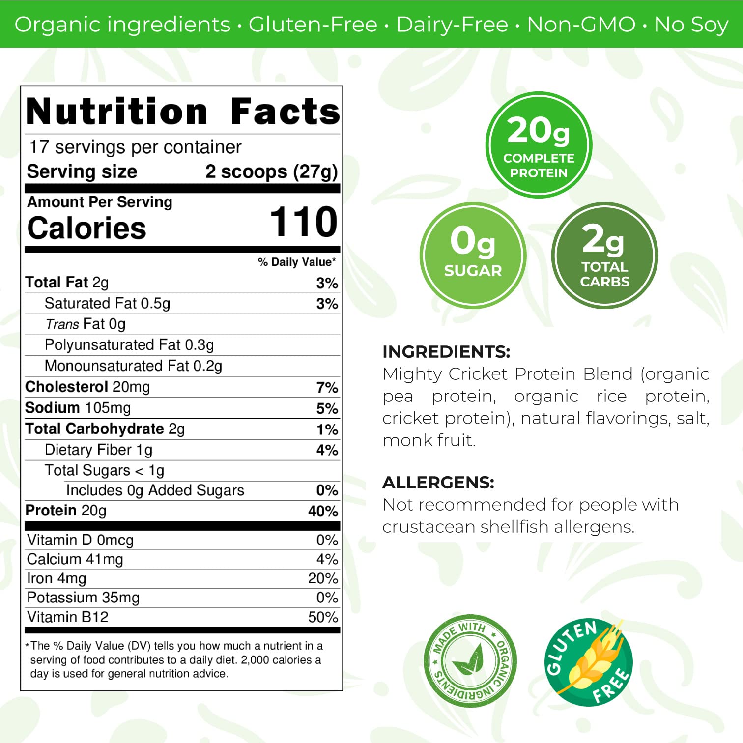 Mighty Cricket Protein Powder allergen-free banner indicating gluten- and dairy-free