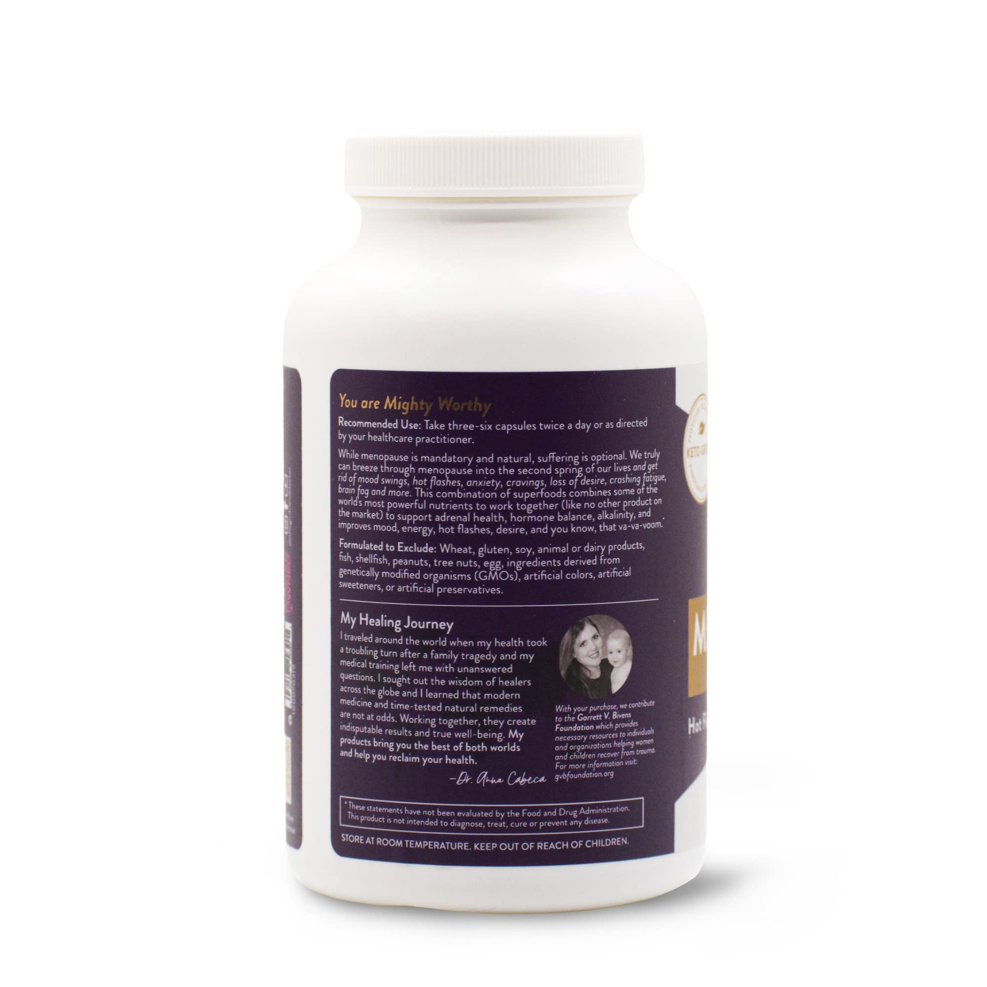 Mighty Maca capsules close-up highlighting adaptogens for mood and energy.