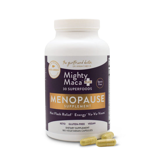Mighty Maca menopause-support bottle showing the plant-based formula for daily balance.