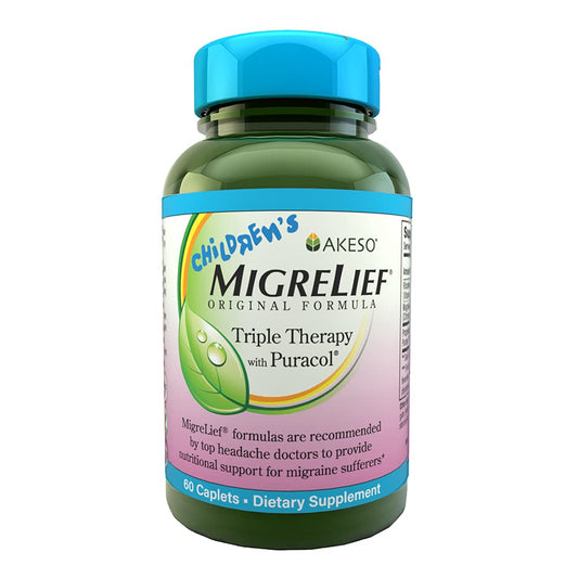 MigreLief Children's Triple Therapy bottle supports pediatric migraine management.