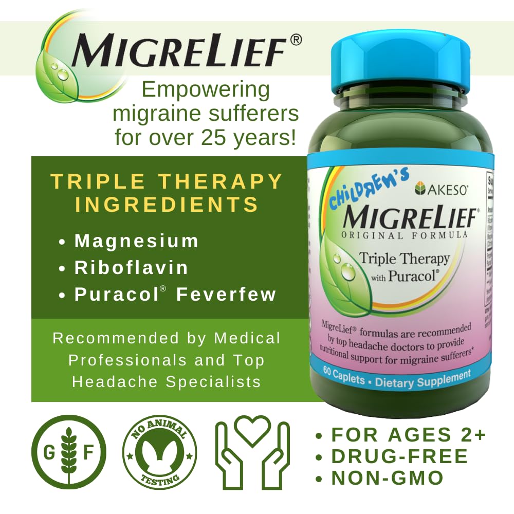MigreLief caplets show caffeine-free, gentle formula for kids' daily routine.