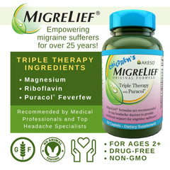 MigreLief caplets show caffeine-free, gentle formula for kids' daily routine.