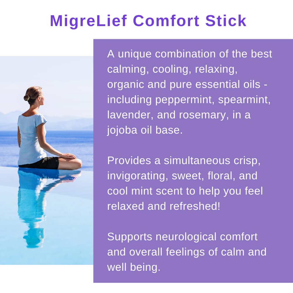 MigreLief Comfort Stick label design highlighting essential oils and relaxation.