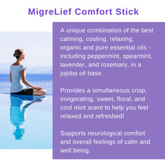 MigreLief Comfort Stick label design highlighting essential oils and relaxation.