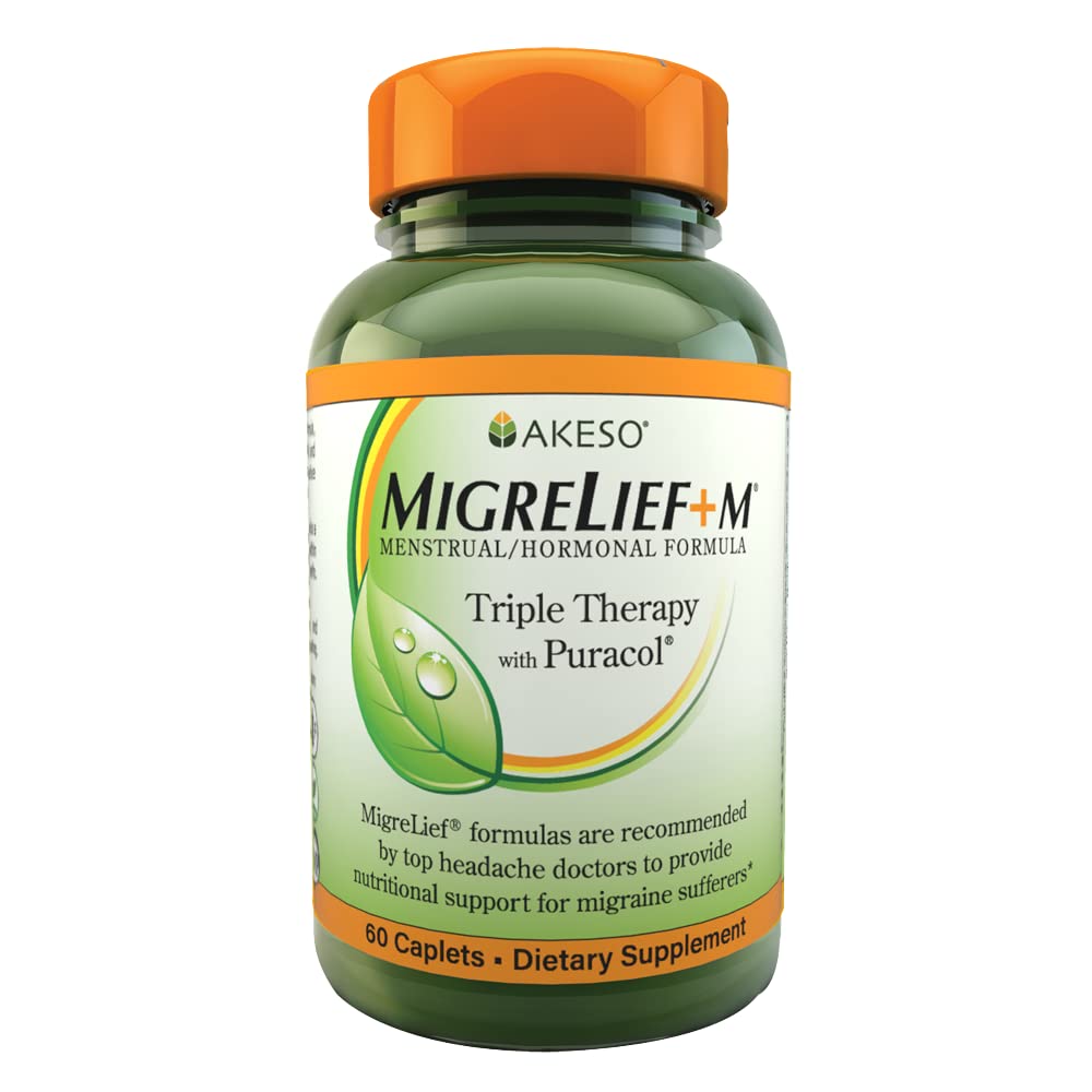 MigreLief+M bottle pour showing convenient two-caplet daily regimen.