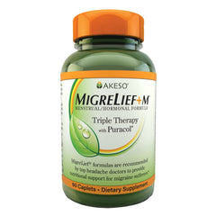 MigreLief+M bottle pour showing convenient two-caplet daily regimen.