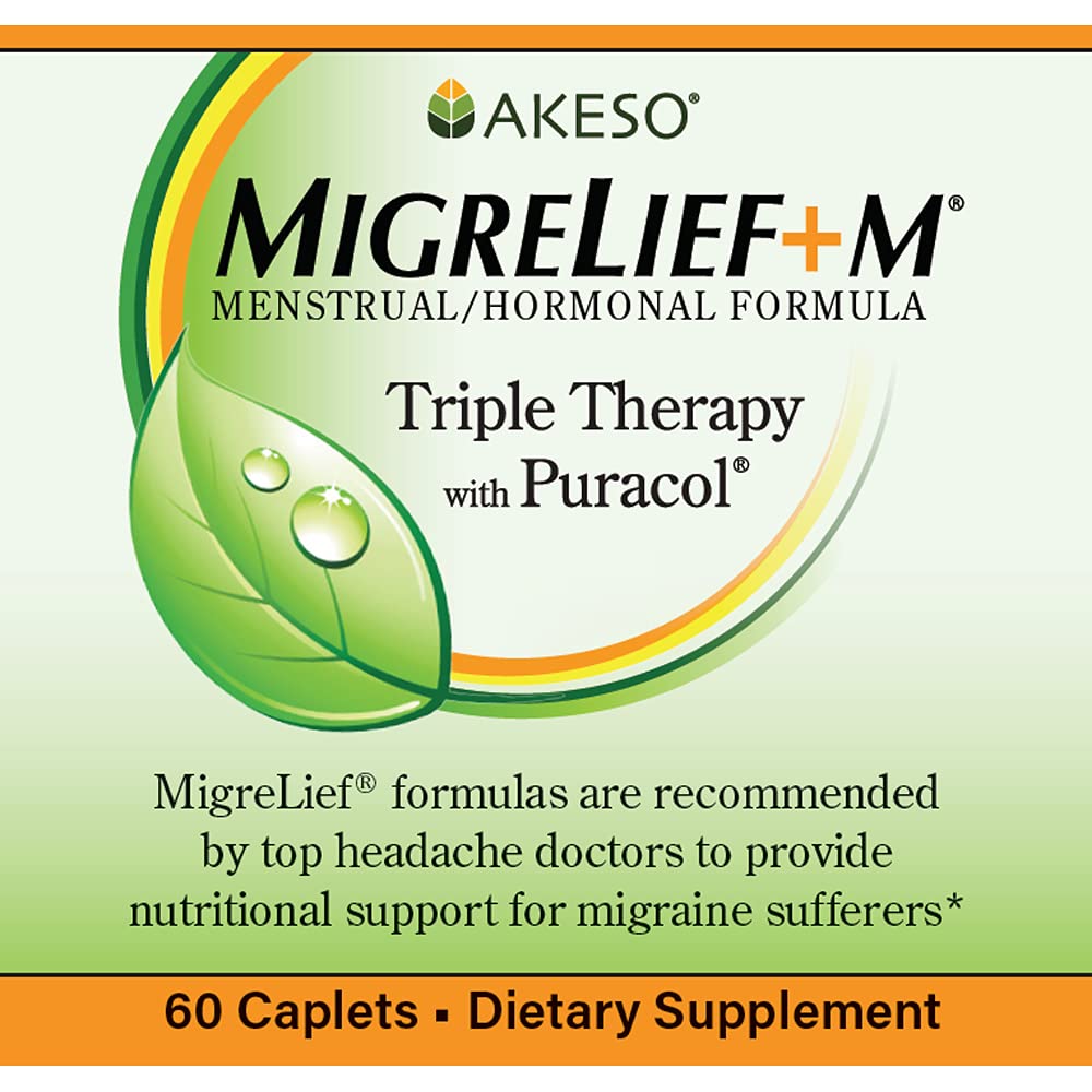MigreLief+M capsules close-up highlighting a drug-free, caffeine-free formula.