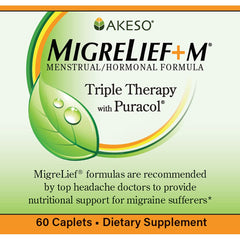 MigreLief+M capsules close-up highlighting a drug-free, caffeine-free formula.