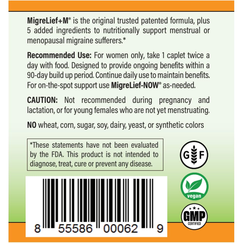 MigreLief+M dosage illustration showing two tablets per day.