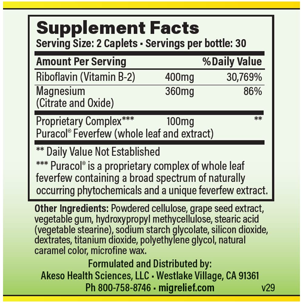 MigreLief Original bottle back with ingredients list for informed use.