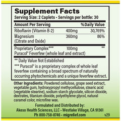 MigreLief Original bottle back with ingredients list for informed use.
