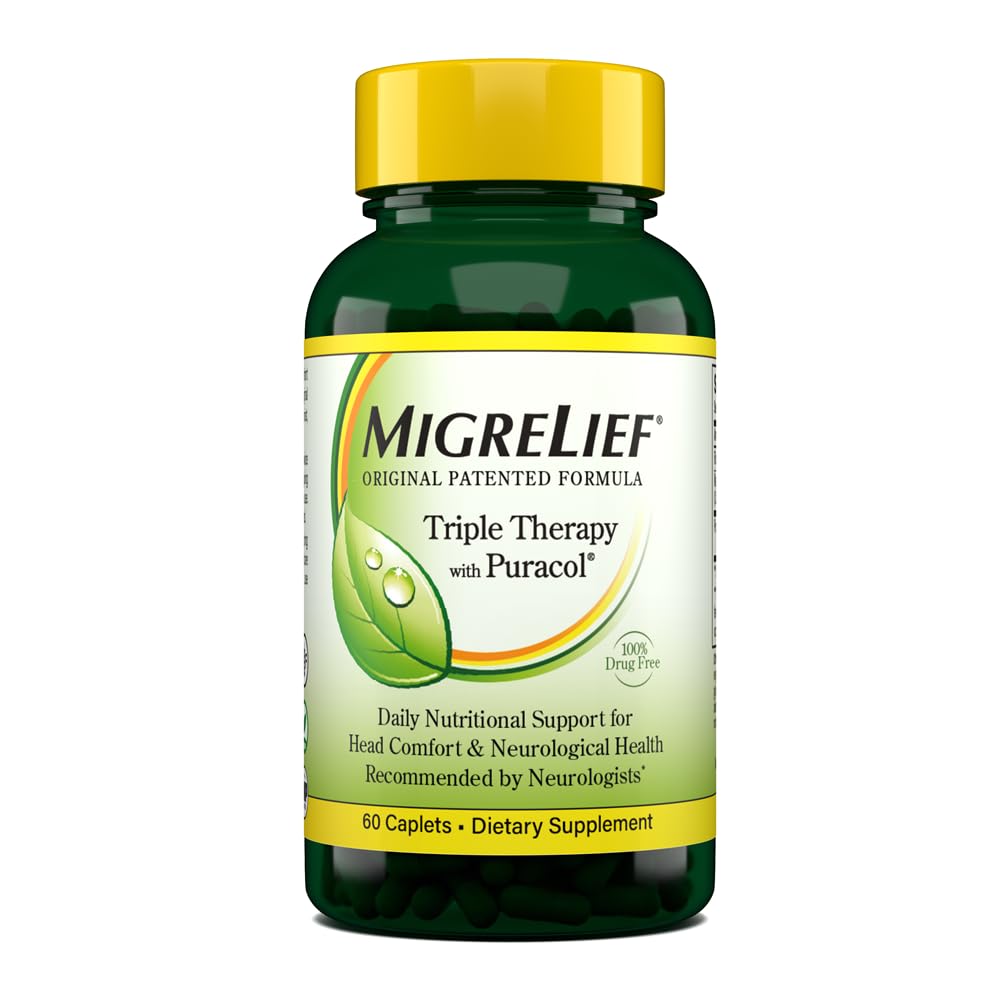 MigreLief original triple-therapy bottle for daily migraine support.