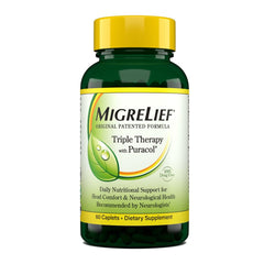 MigreLief original triple-therapy bottle for daily migraine support.