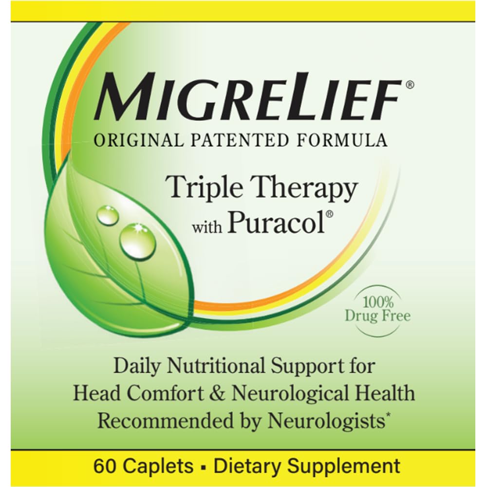 MigreLief label close-up highlighting triple therapy for migraine support.