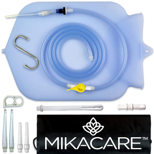 Mikacare Enema Bag Kit: clear silicone bag for easy visibility and control during use.