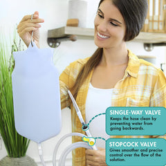 Open-top Mikacare enema bag design for easy filling and cleaning