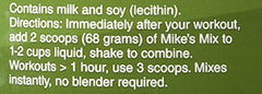 Mike's Mix Recovery Drink nutrition label highlights balanced carbs and protein
