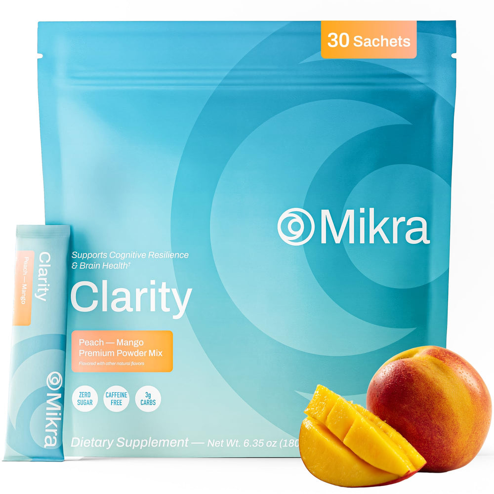 Mikra Clarity sachet packaging for a sugar-free focus drink.