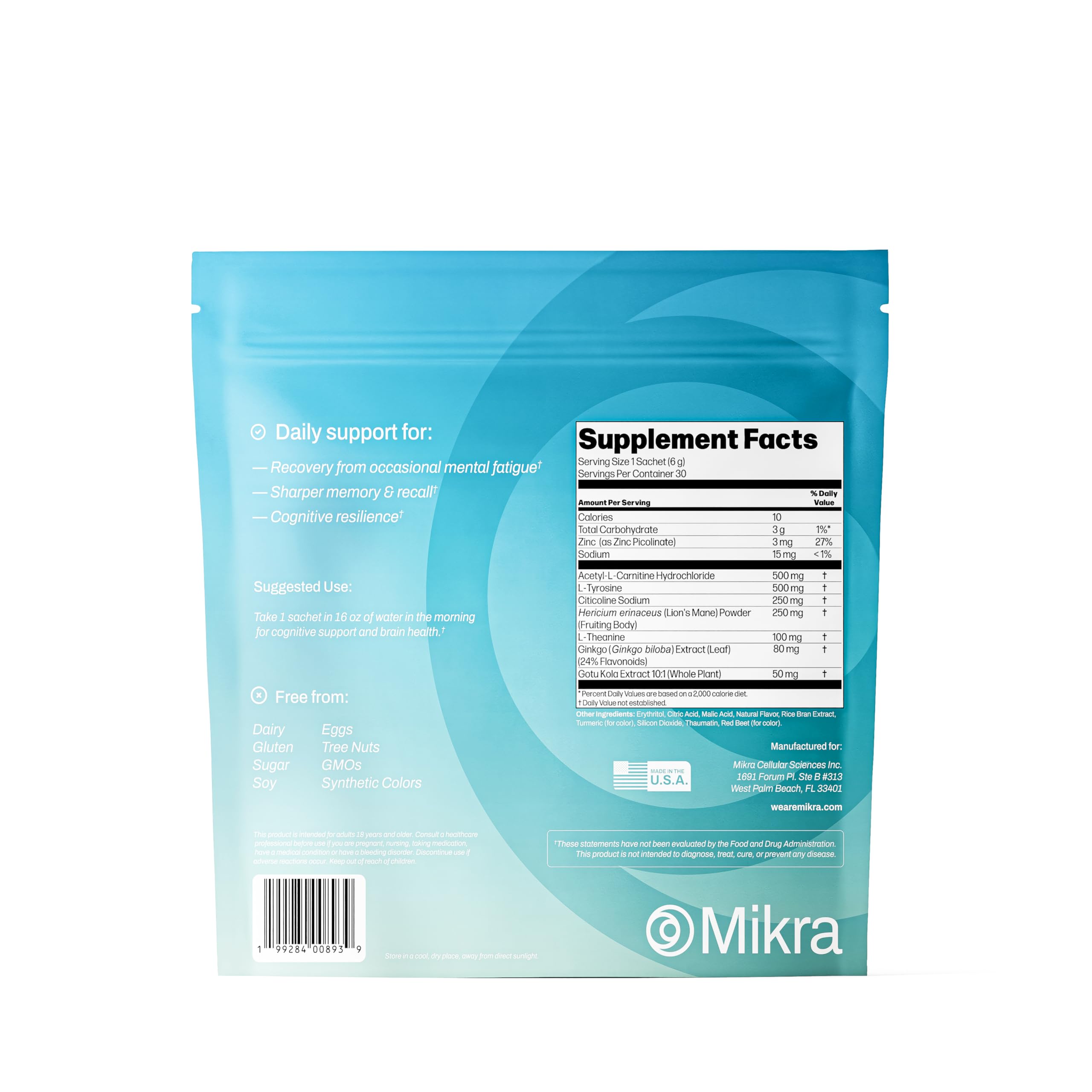 Mikra Clarity sachet scene showing portable single-serve convenience for focus.