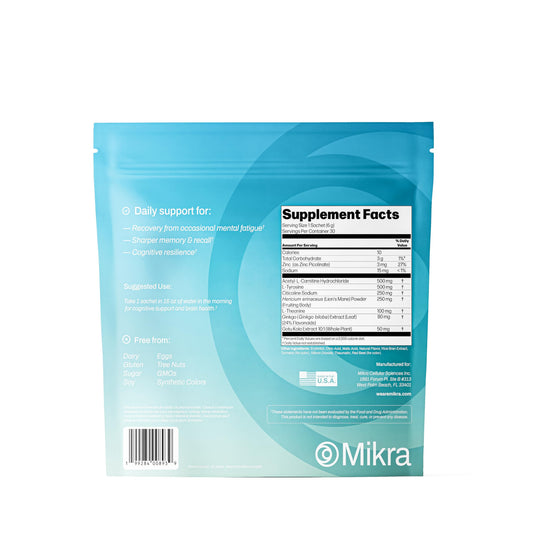 Mikra Clarity sachet scene showing portable single-serve convenience for focus.