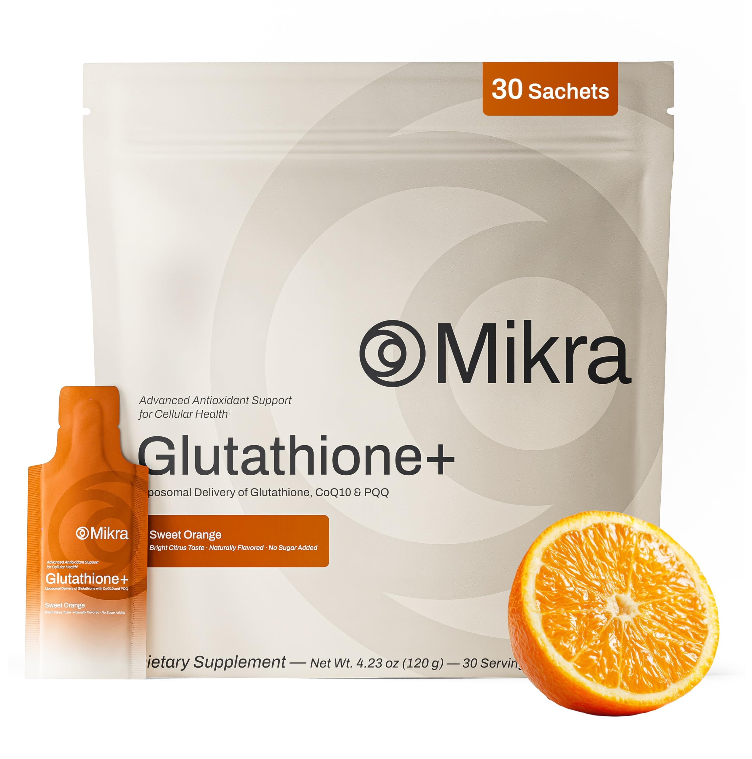 Mikra Glutathione Liposomal bottle label highlights convenient daily antioxidant support.
