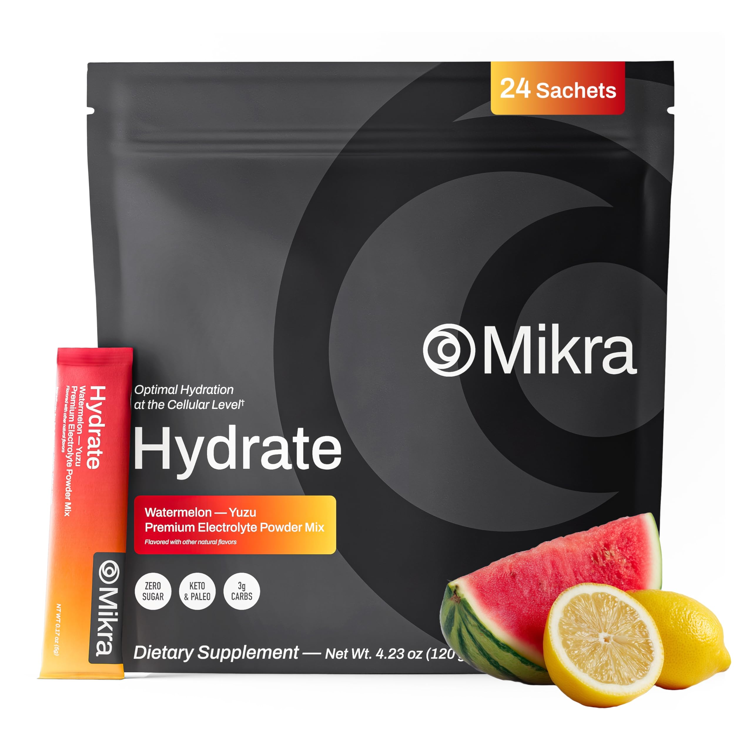 Mikra Hydrate Lemon Lime packet dissolving in a cup for quick hydration