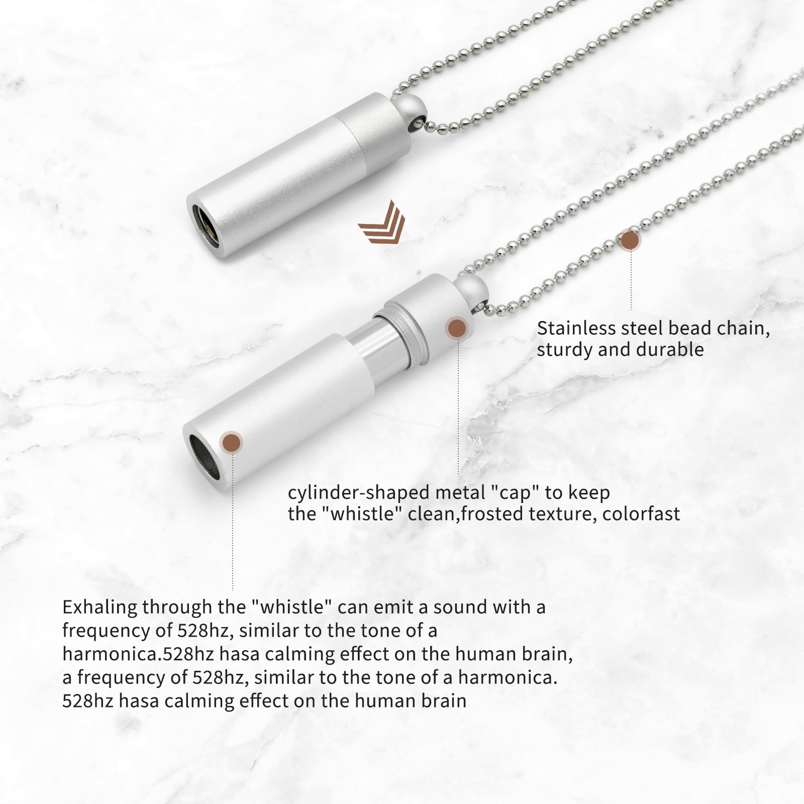 MIKUHOT 528Hz necklace silver frost close-up showing durable stainless steel finish.