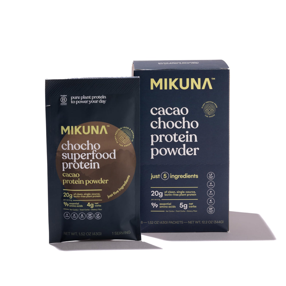 Mikuna Chocho protein powder jar highlighting plant-based protein for recovery.