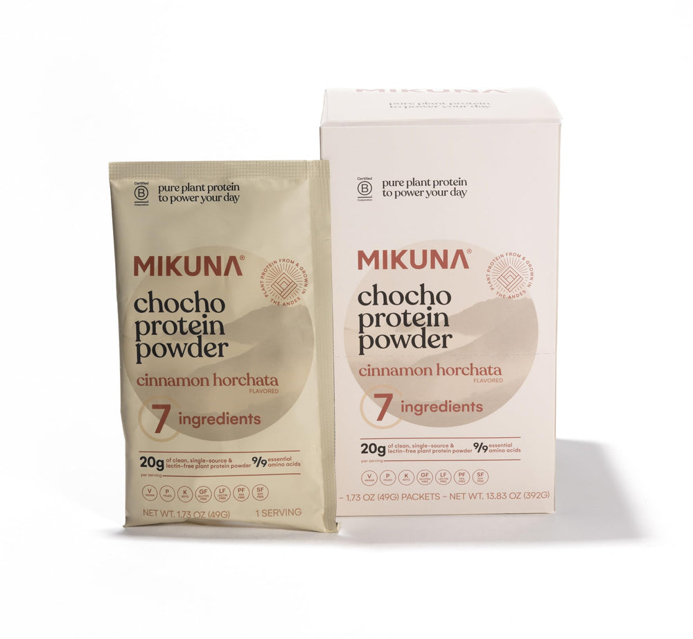 Mikuna Chocho protein tub on display, Cinnamon Horchata flavor for plant-based shakes.