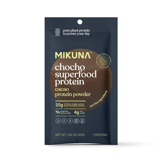 Mikuna Chocho travel packs mockup for on-the-go vegan nutrition.