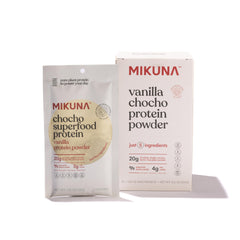 Mikuna Chocho vanilla travel pack front for on-the-go protein.