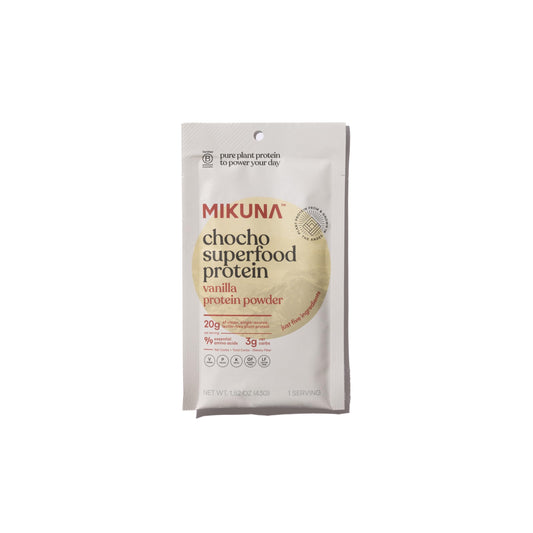 Mikuna Chocho vanilla travel pack open revealing individual servings.