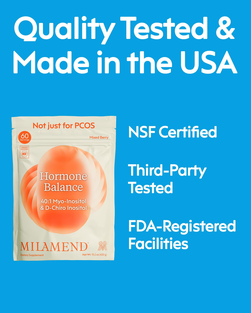 NSF-certified facility badge and Milamend production imagery