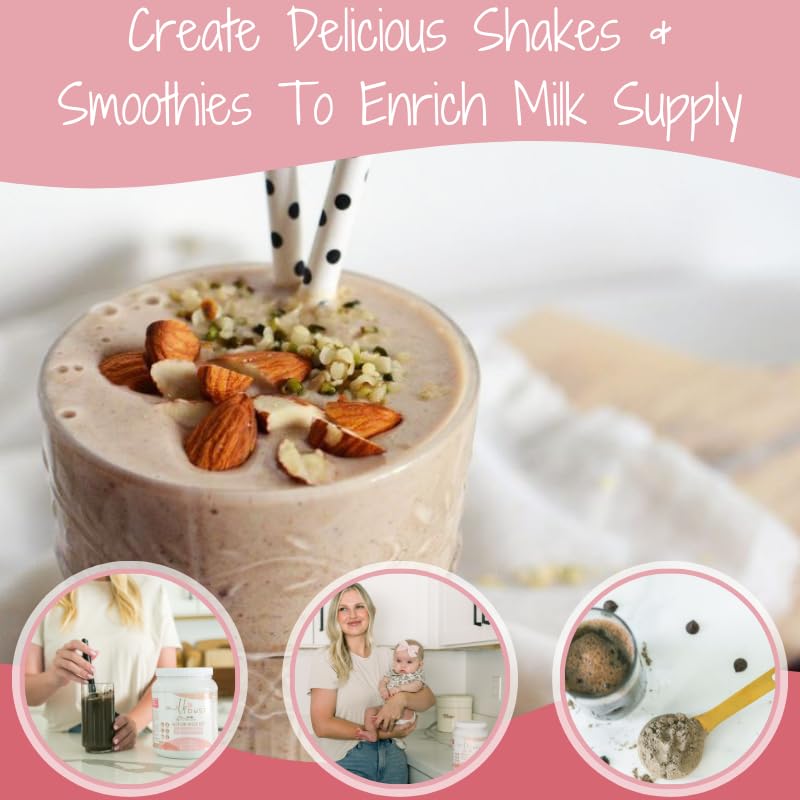 Milk Dust fudge brownie shake in a glass showing creamy flavor for nursing moms.
