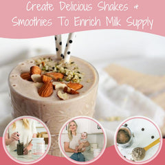 Milk Dust fudge brownie shake in a glass showing creamy flavor for nursing moms.