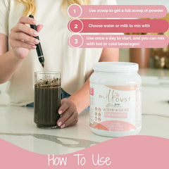 Milk Dust ingredients include pea and brown rice for lactation-supporting nutrition.