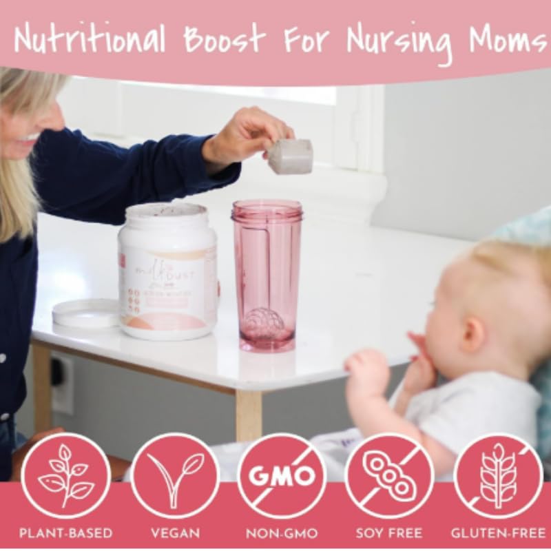 Milk Dust vegan dairy-free label highlights plant-based protein for moms.