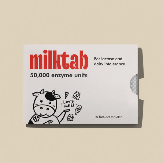 Milktab bottle front, convenient lactase capsules for dairy enjoyment.