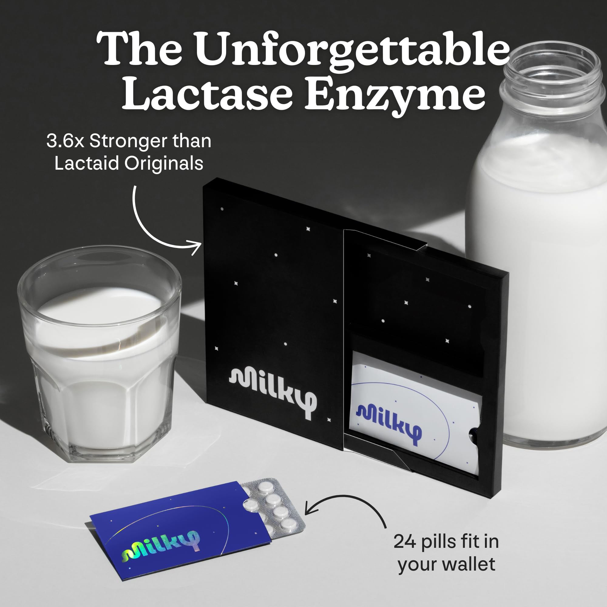 Milky lactase pills on-the-go packaging; ideal for travel.