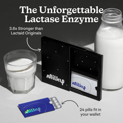 Milky lactase pills on-the-go packaging; ideal for travel.