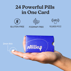 Milky lactase pills tablet close-up; high potency lactase enzyme.
