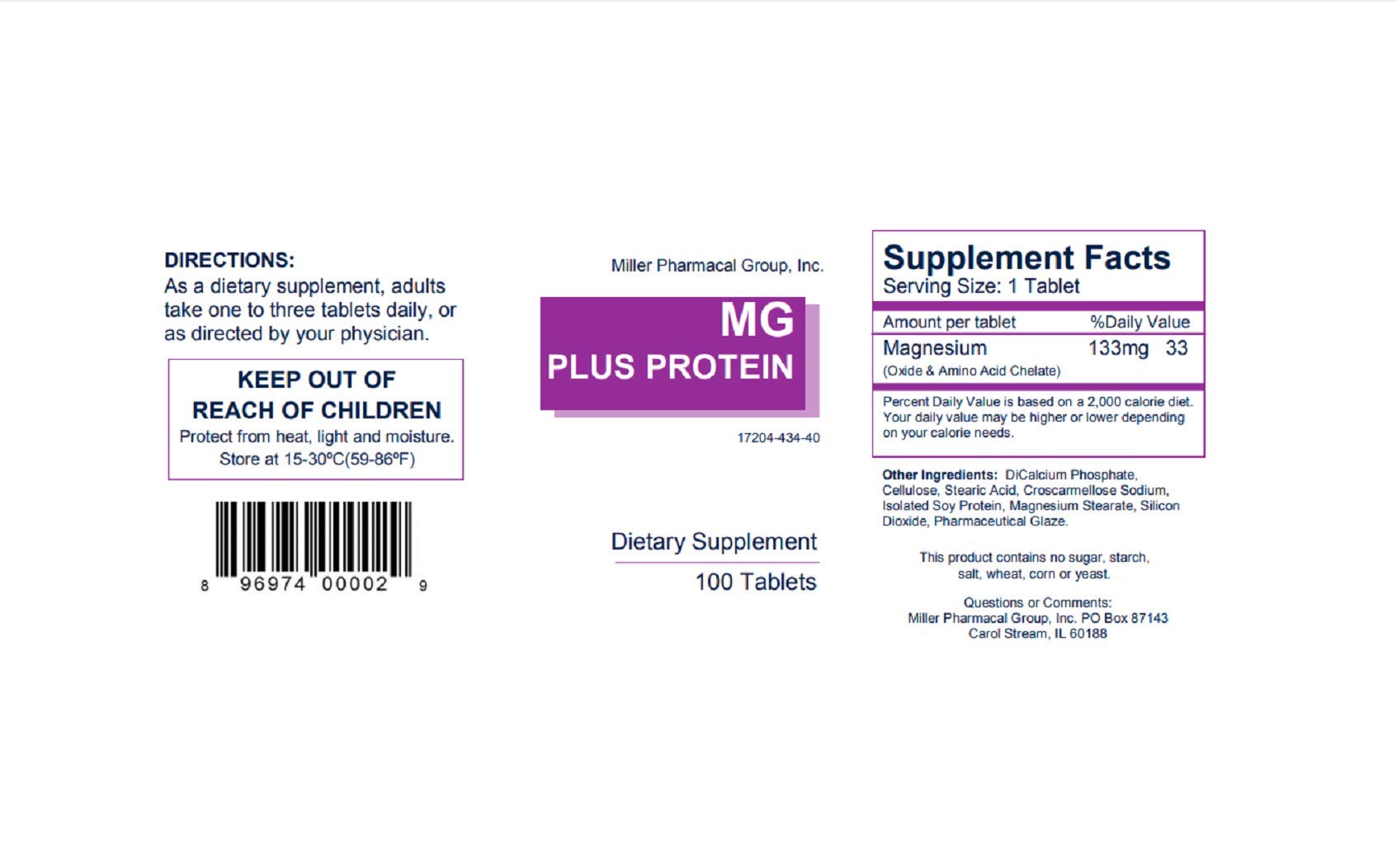 Miller Mg Plus Protein tablet closeup highlights easy-to-swallow chelated tablets for daily use.
