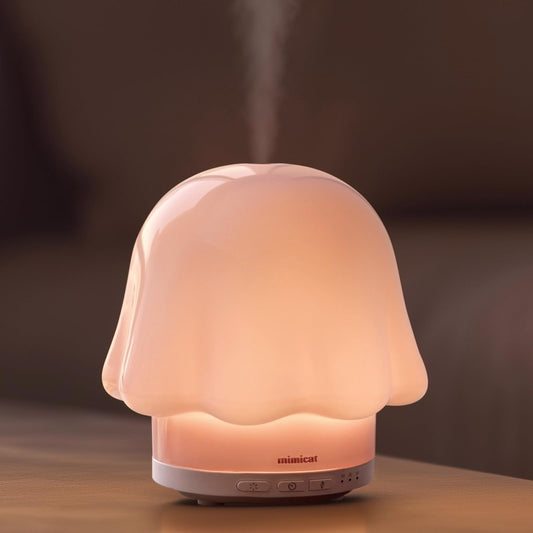 mimicat soft blush glass diffuser with calming nightly ambiance