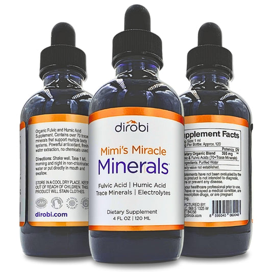 Mimi's Miracle Minerals fulvic humic mineral blend bottle for daily mineral support.