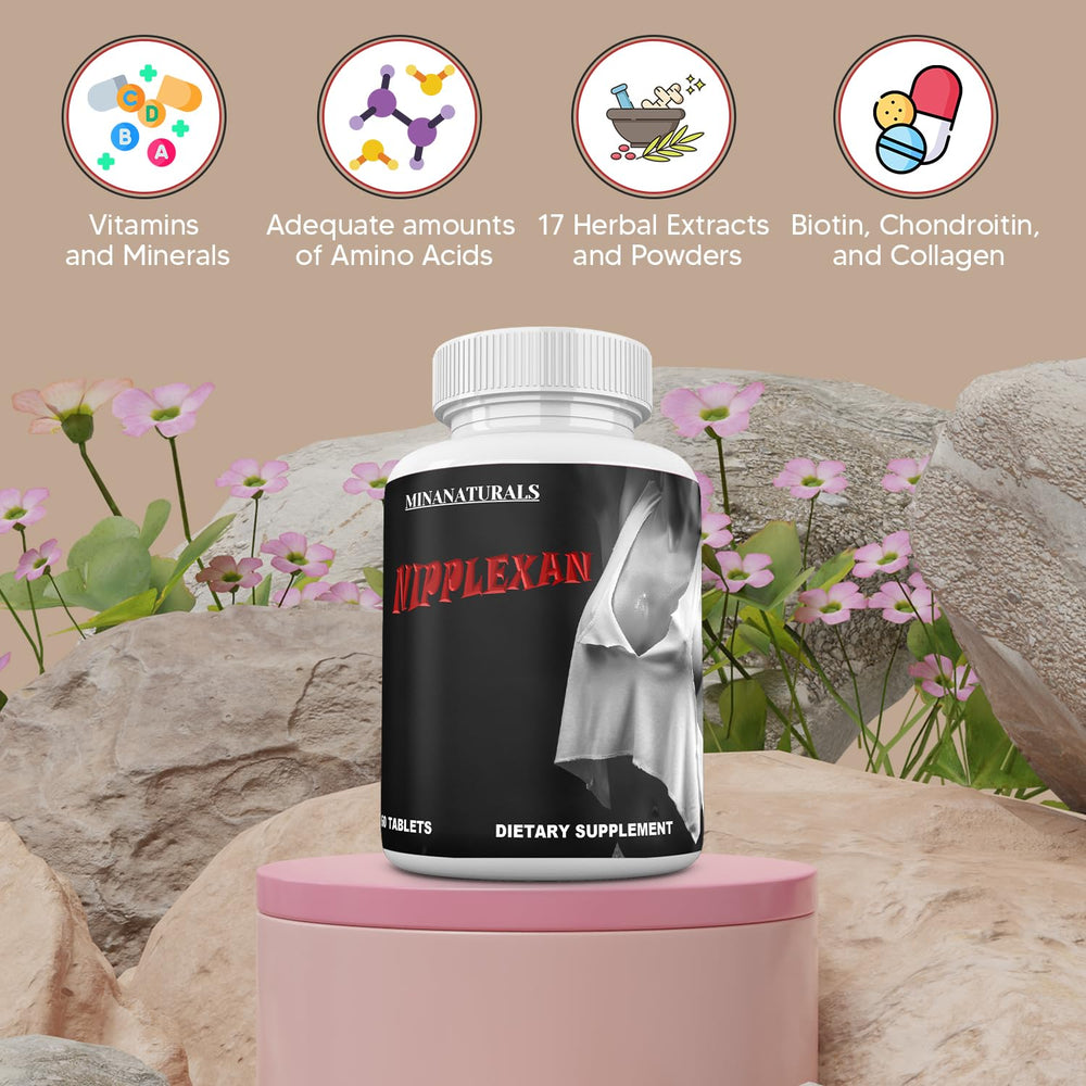 MINANATURALS Nipplexan bottle closeup — shows herbal, collagen, and biotin ingredients.