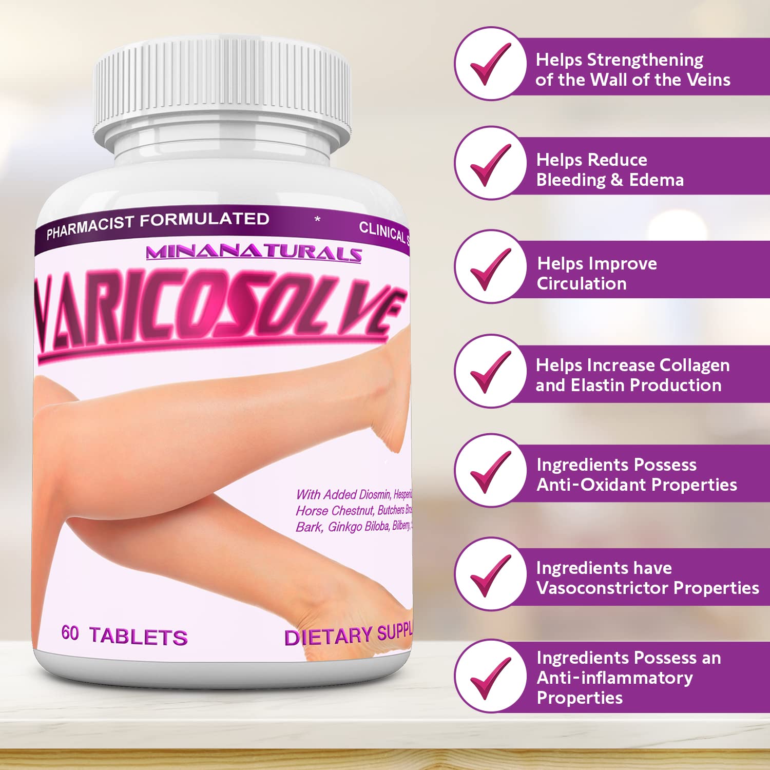 MINANATURALS Varicosolve ingredients pack featuring Bilberry and Gotu Kola.