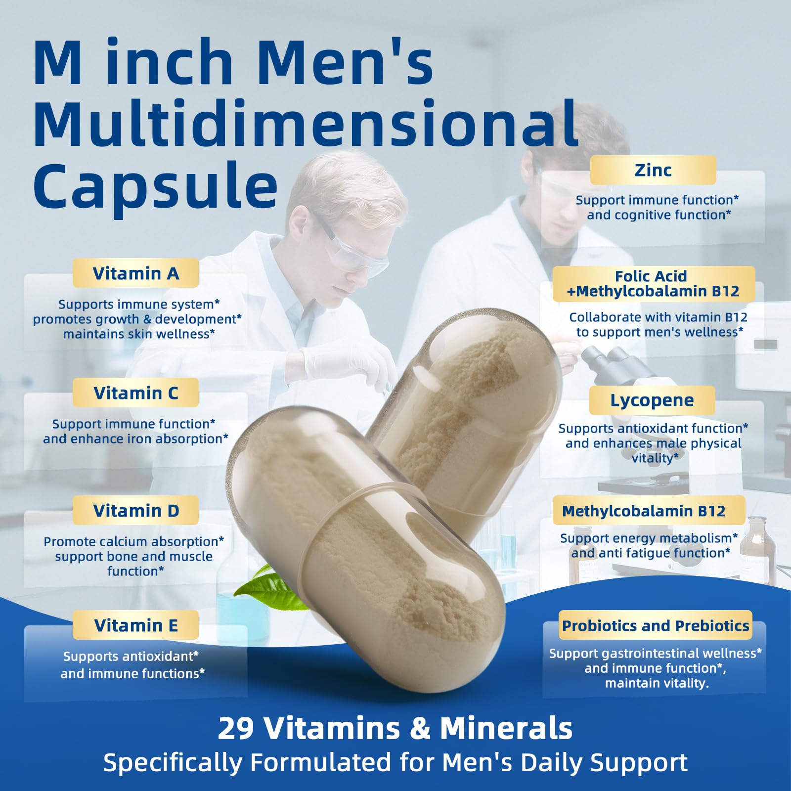 Close-up of Minch multivitamin capsules for men showing methylated nutrients