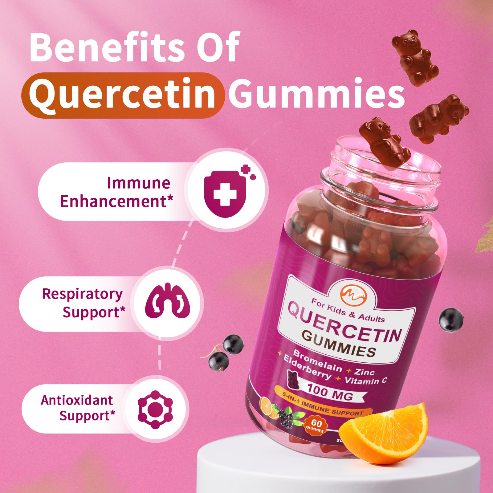 Minch Quercetin Gummies bottle closeup highlighting vegan, gelatin-free formula.