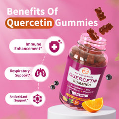 Minch Quercetin Gummies bottle closeup highlighting vegan, gelatin-free formula.