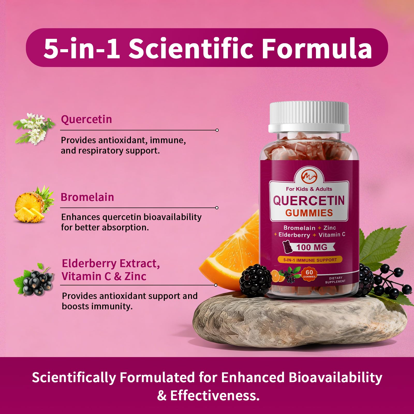 Minch Quercetin Gummies ingredients bromelain elderberry visible on label.